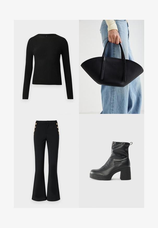 Mustmustriibuline must pikavarsiline sobiv sviiter ümmarguse kaelusega, esitatud helehallil taustal.; Mustad flared püksid venivast kangast, millel on lame eesosa, küljetaskud ja dekoratiivsed kuldsed nupud puusa juures.; Mustad mustad ansapüksid, mis on valmistatud siledast nahast, külje zipperiga, paksu tekstuuriga kontsaga ja ümmarguse nina disainiga.; Must mustra kott, millel on unikaalne fännikujuline disain, millel on lapikud käepidemed. Pinna tekstuur on kivikujuline ja disain on minimalistlik.