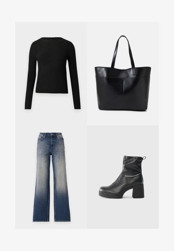 Črna rebrasta dolgosleeve prilegnjena pulover s krožnim ovratnikom, prikazan na enostavni svetli podlagi.; Trenutno visoke široke hlače iz svetlo do temno modrega jeansa z izblidimi notranjostmi, z gumbom za zapiranje in zankami za pas. Čist rob in brez vidnih okrasnih elementov.; Črne gležnjarje iz gladke kože z božnim zadrgo, masivnim teksturiranim peto in zaobljeno obliko prstov.; Črna usnjena torba z dvema dolgima ročajema, gladko teksturo in strukturirano obliko. Ima sprednji žep za dodatno shranjevanje.