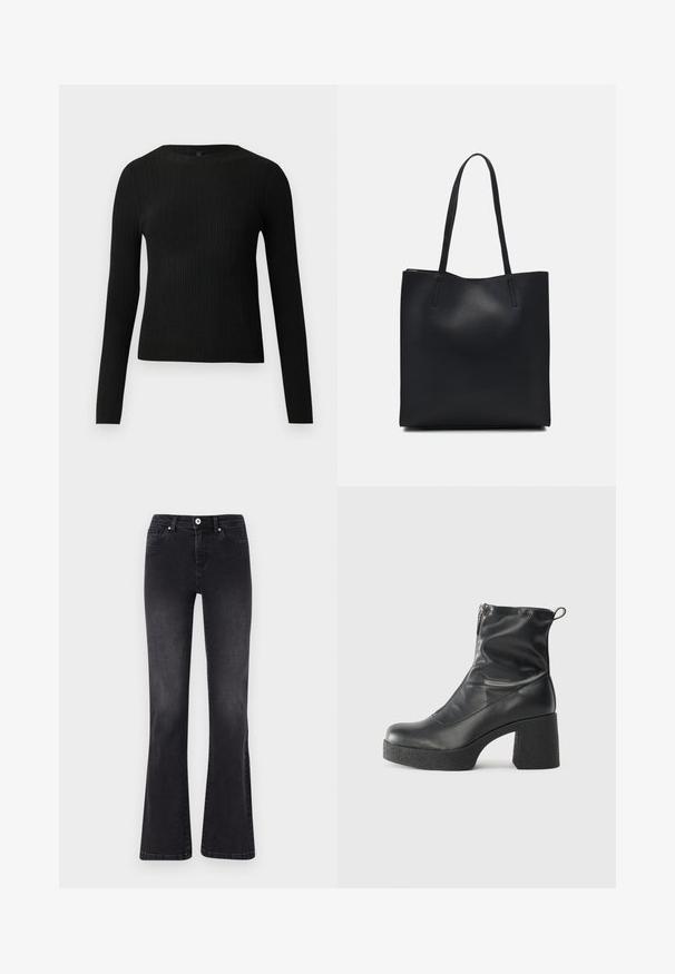 Black ribbed long-sleeve fitted sweater with a round neckline, displayed against a plain light background.; Black flared jeans made of denim, featuring a button closure, five pockets, and subtle fading. Stitched detailing along the seams.; Black ankle boots made of smooth leather, featuring a side zipper, chunky textured heel, and rounded toe design.; Black leather tote bag with smooth texture, rectangular shape, and two long handles. No visible hardware or embellishments.