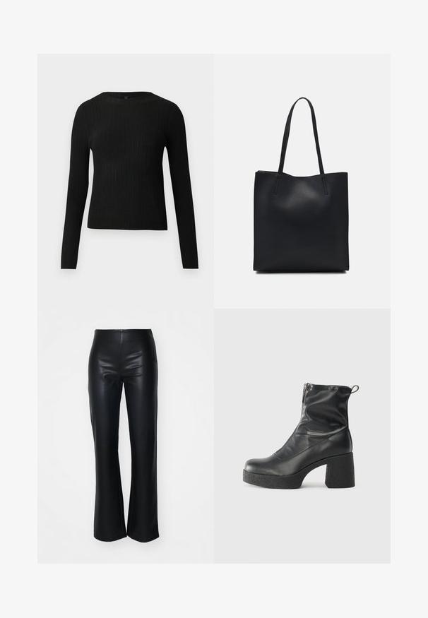 Black ribbed long-sleeve fitted sweater with a round neckline, displayed against a plain light background.; Black faux leather flared pants with a smooth texture, featuring a fitted waist and slightly flared legs, designed for a sleek silhouette.; Black ankle boots made of smooth leather, featuring a side zipper, chunky textured heel, and rounded toe design.; Black leather tote bag with smooth texture, rectangular shape, and two long handles. No visible hardware or embellishments.