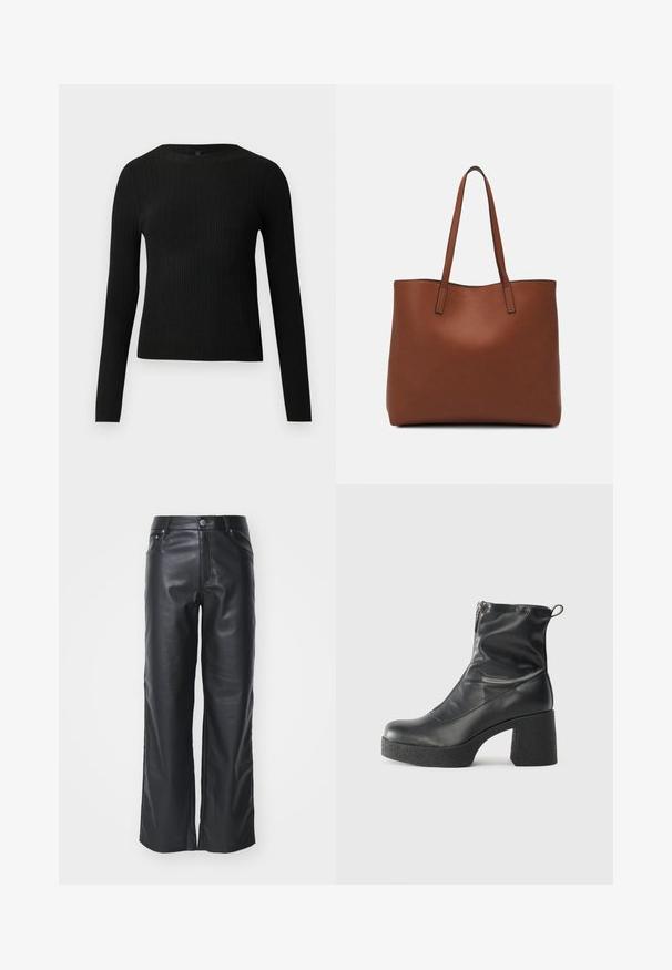 Črna rebrasta dolgosleeve prilegnjena pulover s krožnim ovratnikom, prikazan na enostavni svetli podlagi.; Črne usnjene hlače širokega kroja z gladko teksturo, z zapiranjem na gumb spredaj in obliko s petimi žepi. Oblikovane za sproščen videz.; Črne gležnjarje iz gladke kože z božnim zadrgo, masivnim teksturiranim peto in zaobljeno obliko prstov.; Rjava usnjena torba z gladko teksturo, odprto zasnovo zgoraj in dvema naramnima trakovoma. Opremljena je z minimalnim šivanjem in brez vidnih kovinskih delov.