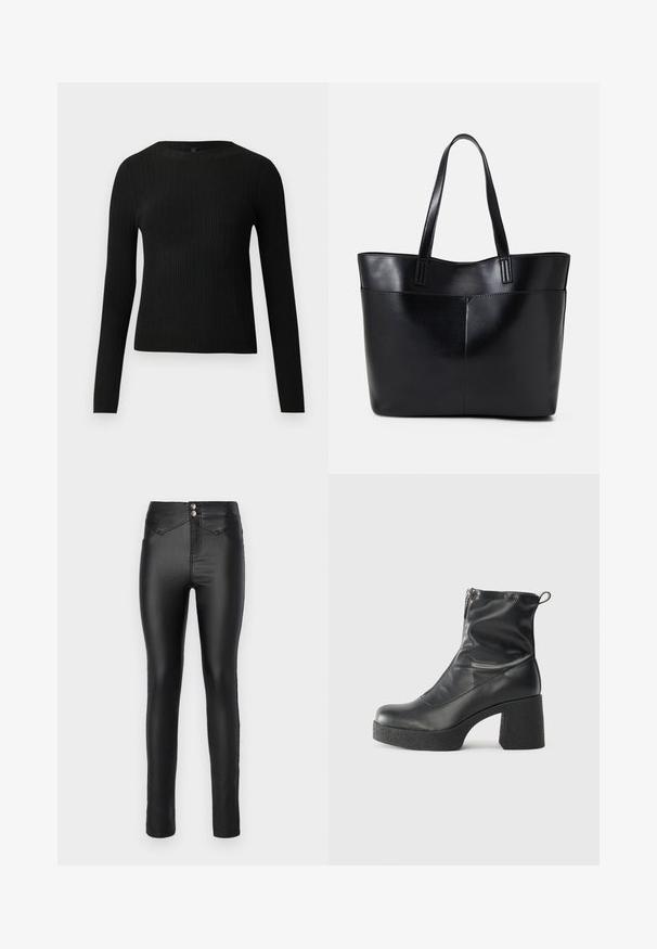 Melna, ribota, garām piedurknēm pieguļoša džemperis ar apaļu kakla izgriezumu, izlikta pret vienkāršu gaišu fonu.; Melnas, augsta jostasvieta, cieši pieguļošas džinsus, kas izgatavoti no gluda, stiepjama materiāla. Divi sudraba pogas jostasvietā un minimālas šuvju detaļas.; Melni potītes zābaki, kas izgatavoti no gludas ādas, ar sānu rāvējslēdzēju, masīvu strukturētu papēdi un noapaļotu purngalu.; Melnas ādas iepirkumu soma ar divām garām rokturām, gludu tekstūru un strukturētu formu. Iekļauj priekšējo kabatu papildu uzglabāšanai.