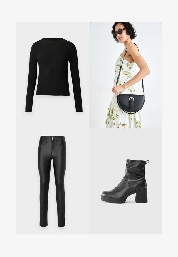 Black ribbed long-sleeve fitted sweater with a round neckline, displayed against a plain light background.; Black, high-waisted skinny jeans made from a smooth, stretchy material. Two silver buttons at the waist and minimal stitching details.; Black ankle boots made of smooth leather, featuring a side zipper, chunky textured heel, and rounded toe design.; Black leather handbag with a curved shape, detachable strap, and gold hardware. The bag features a flap with a buckle detail.
