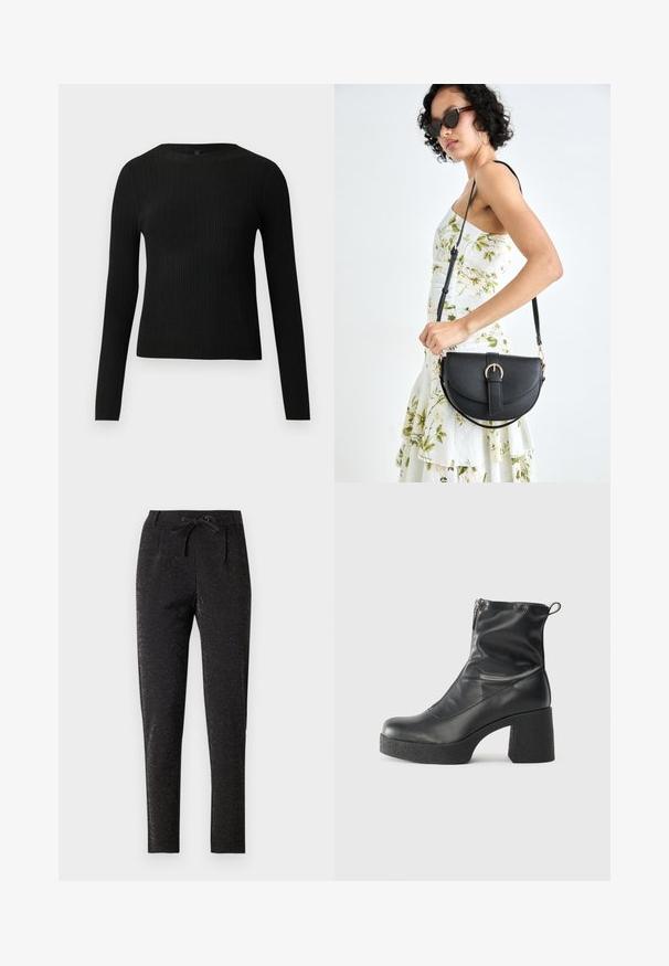 Black ribbed long-sleeve fitted sweater with a round neckline, displayed against a plain light background.; Black trousers with a subtle glitter effect, featuring a drawstring waist, tailored design, and tapered leg for a fitted silhouette.; Black ankle boots made of smooth leather, featuring a side zipper, chunky textured heel, and rounded toe design.; Black leather handbag with a curved shape, detachable strap, and gold hardware. The bag features a flap with a buckle detail.