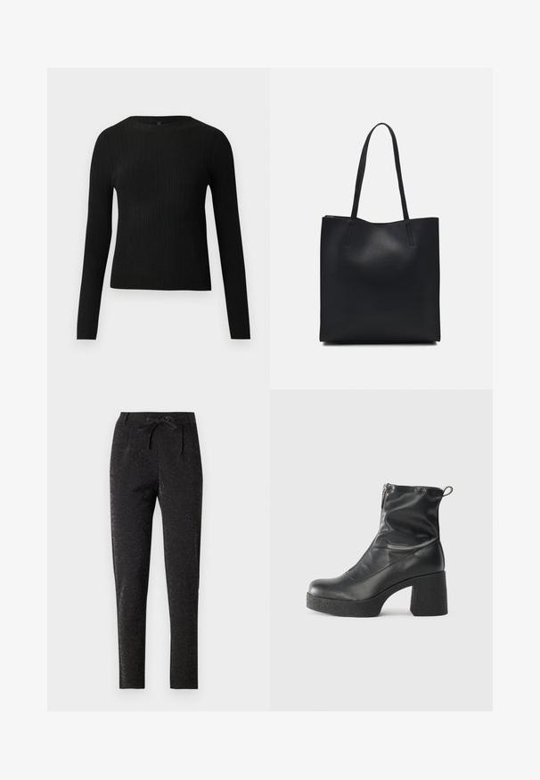 Mustat ribbitetut pitkähihaiset tiukat neuleet, joissa on pyöreä pääntie, esillä yksinkertaisella vaalealla taustalla.; Musta housut, joissa on hienovarainen kimallus, kuminauhavyötärö, muotoiltu malli ja kapeneva lahje, joka luo säätyneen siluetin.; Mustat nilkkurit, jotka on valmistettu sileästä nahasta. Niissä on sivuvetoketju, paksu teksturoitu korko ja pyöristetty kärki.; Mustapahkainen kangaskassi, jossa on sileä pinta, suorakaiteen muotoinen ja kaksi pitkää kahvaa. Ei näkyvää metalliosaa tai koristeita.