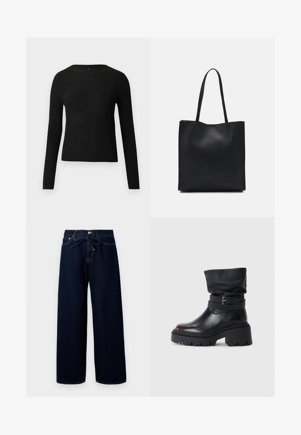 Melna, ribota, garām piedurknēm pieguļoša džemperis ar apaļu kakla izgriezumu, izlikta pret vienkāršu gaišu fonu.; Tumši zili platleņķa džinsi no denima, ar priekšējo pogu aizdari un auklas vidukli, ar kontrastējošām dūriena detaļām.; Melnas ādas potītes zābaki ar vaļīgu augšdaļu, sprādzi, un biezu, izturīgu zoli. Iezīmē apaļu purngalu un gludu tekstūru.; Melnas ādas somiņa ar gludu tekstūru, taisnstūra formu un divām garām rokturiem. Nav redzamu aparatūras vai rotājumu.