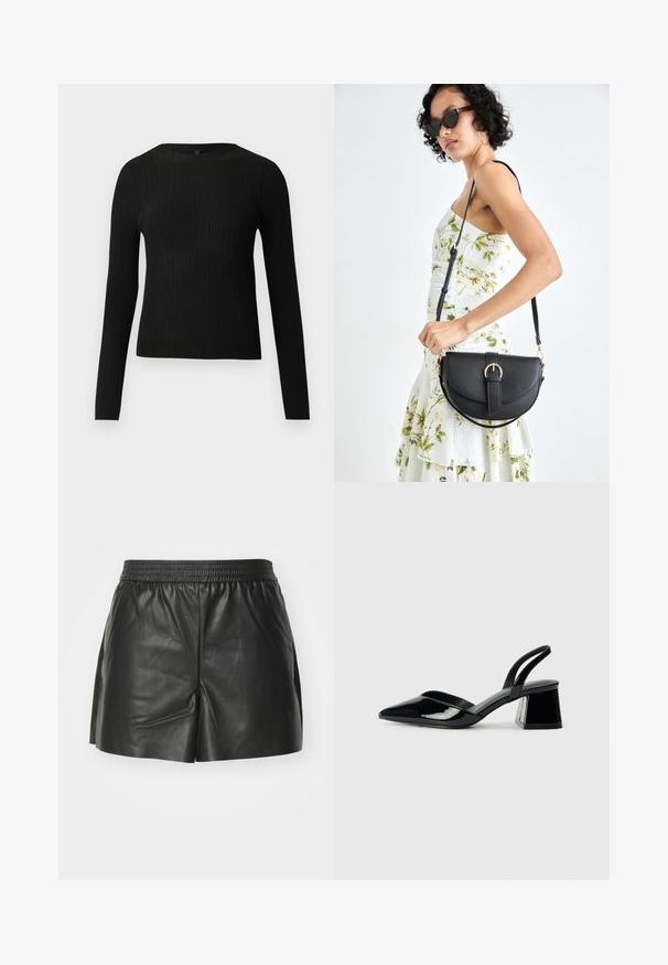 Fekete bordázott, hosszú ujjas, testhez simuló pulóver kerek nyakkivágással, világos, egyszínű háttér előtt kiemelve.; Fekete bőr sort, rugalmas derékkal, testreszabott kialakítással és oldalsó hasítékokkal a mozgás és szellőzés érdekében. Simaság jellemzi.; Fekete lakk bőr szandálkés magas sarkú cipő, hegyes orral és geometrikus tömbsarkakkal. Karcsú, minimalista dizájn és sima textúra jellemzi.; Fekete bőrtáska ívelt formával, levehető pánttal és arany színű fémrészekkel. A táskán egy csattal díszített fedél található.