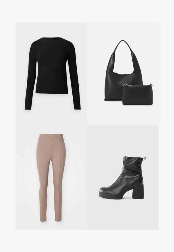 Suéter preto de mangas compridas com textura canelada, justo ao corpo, com um decote redondo, exibido contra um fundo claro e liso.; Leggings bege feitos de tecido elástico, apresentando uma cintura alta e detalhes de costura curva na frente para uma silhueta ajustada.; Botas de tornozelo pretas feitas de couro liso, com fecho lateral, salto grosso texturizado e design de bico arredondado.; Even&Odd Mala de mão - black