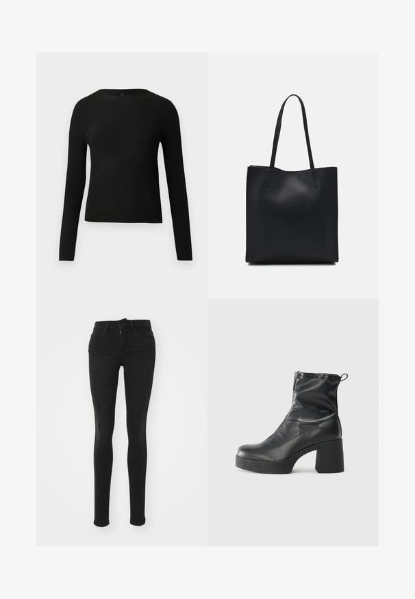 Black ribbed long-sleeve fitted sweater with a round neckline, displayed against a plain light background.; Black skinny jeans made of denim with a high waist, five pockets, a front zipper, and a smooth texture.; Black ankle boots made of smooth leather, featuring a side zipper, chunky textured heel, and rounded toe design.; Black leather tote bag with smooth texture, rectangular shape, and two long handles. No visible hardware or embellishments.