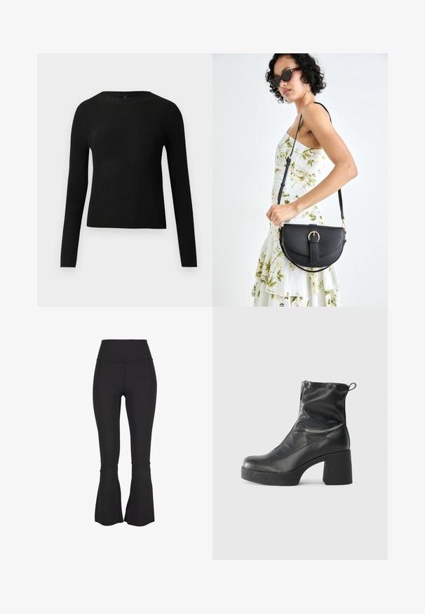 Mustmustriibuline must pikavarsiline sobiv sviiter ümmarguse kaelusega, esitatud helehallil taustal.; Mustad flared retuus, mis on valmistatud venivast ja siledast kangast. Kõrge vöökoht ja jalaservade lõhkised osad lisavad disainielemente.; Mustad mustad ansapüksid, mis on valmistatud siledast nahast, külje zipperiga, paksu tekstuuriga kontsaga ja ümmarguse nina disainiga.; Mustmust mustraha kõverate joontega, eemaldatava rihmaga ja kuldsete detailidega. Kotil on klapp, millel on pandladetail.