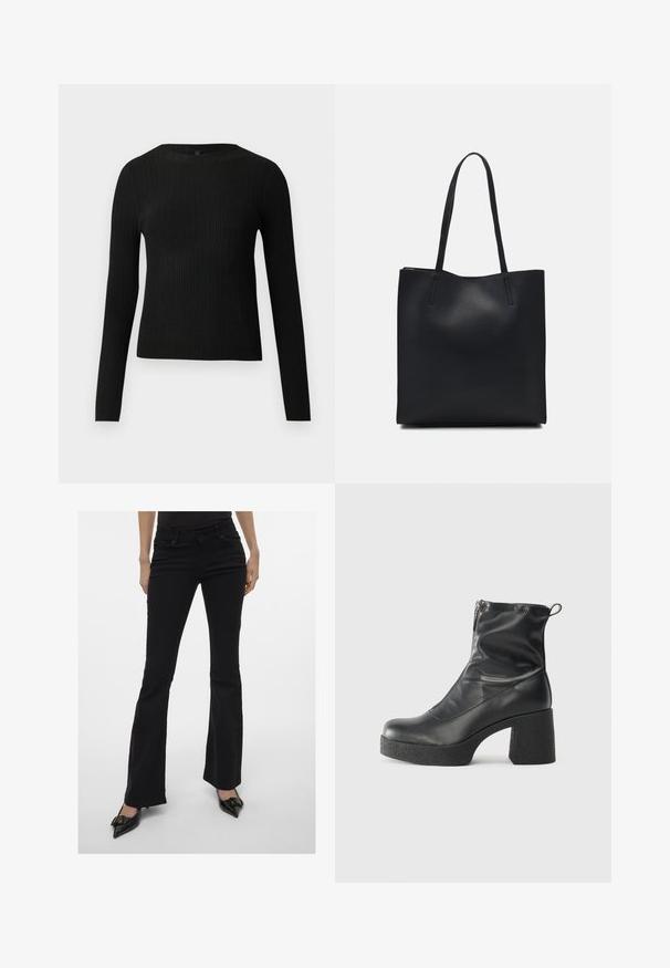 Maglione fitted a maniche lunghe nero a costine con scollo rotondo, esposto su uno sfondo chiaro e semplice.; Jeans neri a svaso con una vestibilità elegante, design a cinque tasche e cuciture sottili. Realizzati in denim, presentano una vita a media altezza.; Stivali neri alla caviglia in pelle liscia, con zip laterale, tacco spesso e texture, e punta arrotondata.; Borsa tote in pelle nera con texture liscia, forma rettangolare e due manici lunghi. Nessun hardware o decorazione visibile.