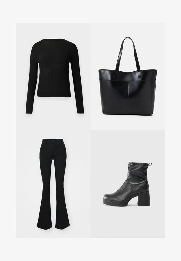 Čierny rebrovaný pulóver s dlhým rukávom, priliehajúci, s okrúhlym výstrihom, vystavený na jednoduchom svetlom pozadí.; Čierne rozšírené džínsy s vysokým pásom, ktoré majú dva predné gombíky a zips. Vyrobené z mäkkého denimového materiálu s hladkou textúrou.; Čierne členkové topánky z hladkej kože, so bočným zipsom, robustnou textúrovanou pätnou časťou a zaobleným dizajnom špičky.; Čierna kožená tote taška s dvoma dlhými rúčkami, hladkým povrchom a štruktúrovaným tvarom. Obsahuje prednú kapsu pre dodatočné uskladnenie.
