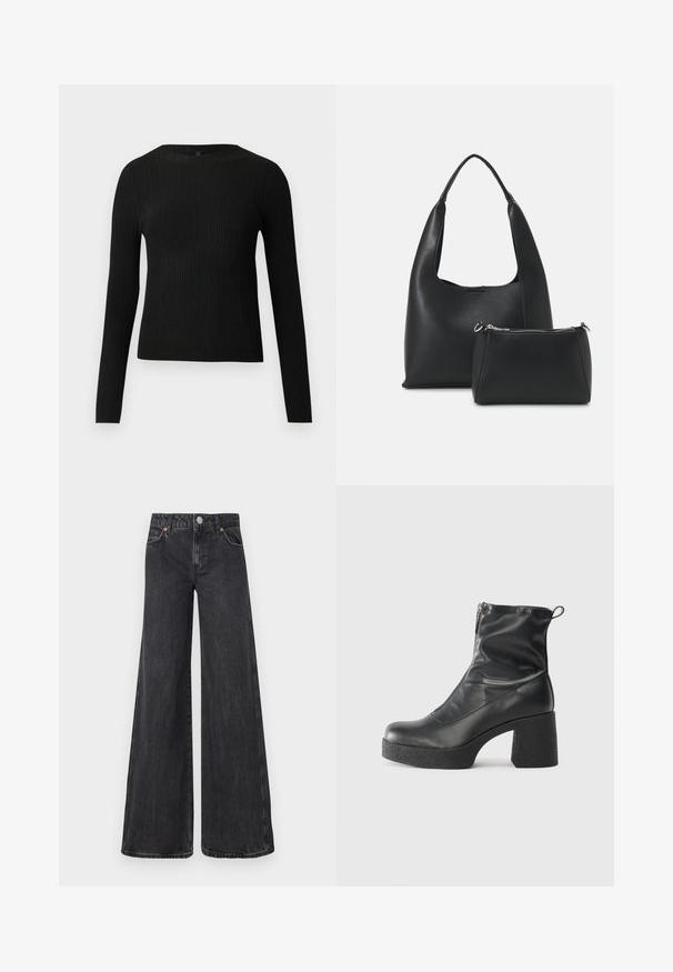 Juoda dryžuota ilga rankovė prigludusi megztinis su apvalia iškirpte, pateiktas prieš paprastą šviesią fono.; Plati kelnės iš juodo džinsinio audinio, su aukštu liemeniu, puošnios oranžinėmis siūlėmis ir priekiniais užtrauktukais. Audinys turi šiek tiek išblukusią tekstūrą.; Juodos kulkšninių botai, pagaminti iš lygaus odos, su šoniniu užtrauktuku, masyviu tekstūruotu kulnu ir apvaliu pirštu.; Even&Odd Rankinė - black