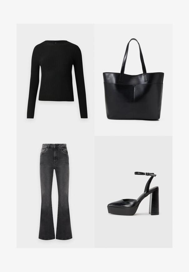 Svart ribbestrikket langermet tettsittende genser med rund hals, vist mot en ensfarget lys bakgrunn.; Svarte vidde jeans med høy midje, sømdetaljer og fem lommer. Stoffet har en glatt tekstur med en falmet finish.; Sorte plattformhelter med spiss tå og justerbar ankelrem. Laget av glatt lær, med en robust blokkhel.; Svart lær toteveske med to lange håndtak, en glatt tekstur og en strukturert form. Har en frontlomme for ekstra oppbevaring.