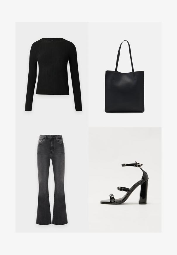 Suéter preto de mangas compridas com textura canelada, justo ao corpo, com um decote redondo, exibido contra um fundo claro e liso.; Jeans pretos a boca de sino com cintura alta, detalhes de costura e cinco bolsos. O tecido tem uma textura suave com um acabamento desbotado.; Sandálias de tacão preto laqueadas com bico quadrado, tiras para o tornozelo e fivelas prateadas. Apresentam um salto bloco chunky para estabilidade.; Bolsa tote preta em couro com textura lisa, forma retangular e duas alças longas. Sem hardware ou enfeites visíveis.