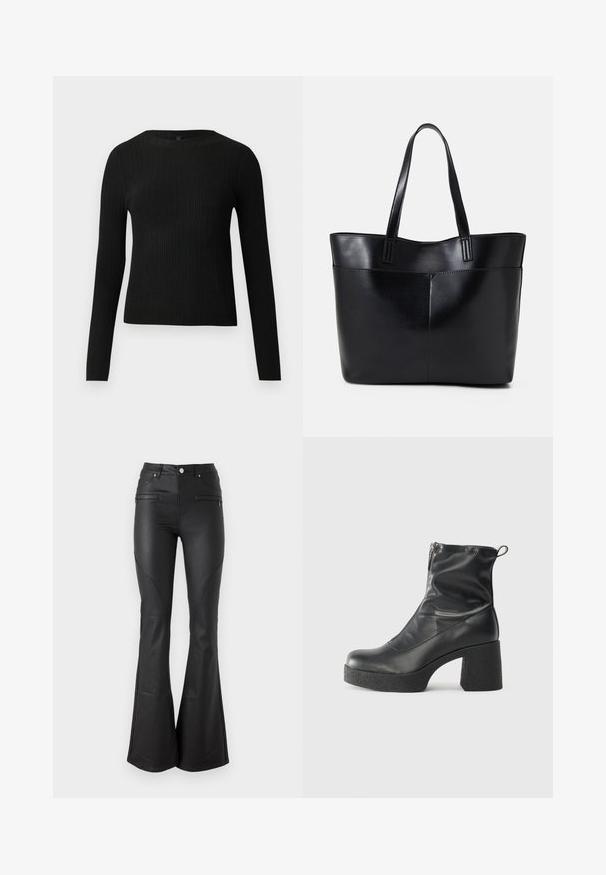 Fekete bordázott, hosszú ujjas, testhez simuló pulóver kerek nyakkivágással, világos, egyszínű háttér előtt kiemelve.; Fekete trapéznadrág fényes, sima anyagból; elülső zsebekkel, fitted derekkal és díszvarrással a varratok mentén.; Fekete bokacsizmák sima bőrből, oldalsó cipzárral, vastag, texturált sarkú és lekerekített orrú dizájnnal.; Fekete bőr bevásárlótáska két hosszú fogantyúval, sima felülettel és strukturált formával. Elülső zseb található rajta a plusz tárolás érdekében.