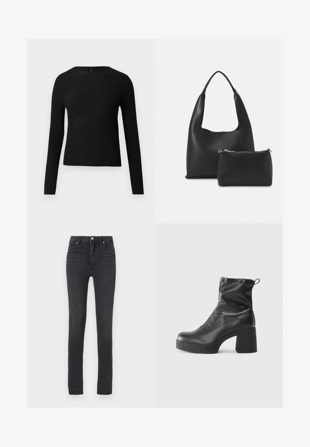 Mustat ribbitetut pitkähihaiset tiukat neuleet, joissa on pyöreä pääntie, esillä yksinkertaisella vaalealla taustalla.; Mustat kapeat farkut, joissa on korkea vyötärö, valmistettu joustavasta farkkukankaasta. Niissä on vyölenkit, minimaalinen ompelu ja klassinen viiden taskun muotoilu.; Mustat nilkkurit, jotka on valmistettu sileästä nahasta. Niissä on sivuvetoketju, paksu teksturoitu korko ja pyöristetty kärki.; Even&Odd Käsilaukku - black