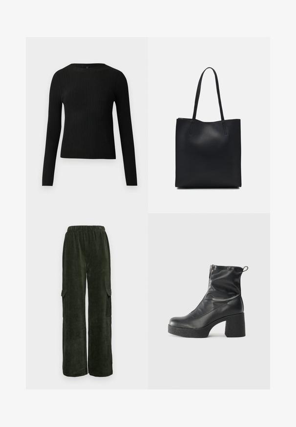 Črna rebrasta dolgosleeve prilegnjena pulover s krožnim ovratnikom, prikazan na enostavni svetli podlagi.; Temnozeleni kordni cargo hlače z ohlapnim krojem, ki imata dva stranska žepa in udoben elastičen pas. Tekstura tkanine.; Črne gležnjarje iz gladke kože z božnim zadrgo, masivnim teksturiranim peto in zaobljeno obliko prstov.; Črna usnjena torba s svilnato teksturo, pravokotne oblike in dvema dolgima ročajema. Brez vidnih metalnih delov ali okrasnih elementov.