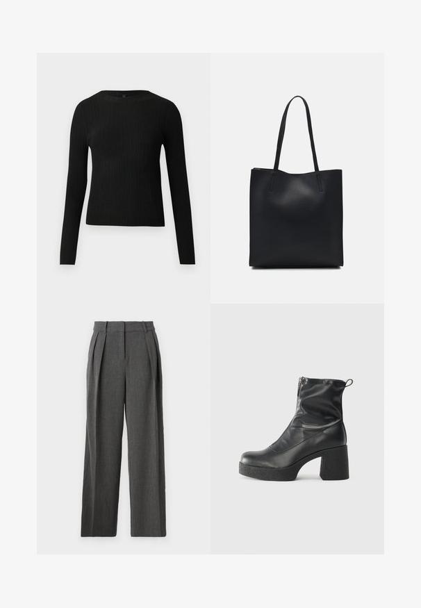 Čierny rebrovaný pulóver s dlhým rukávom, priliehajúci, s okrúhlym výstrihom, vystavený na jednoduchom svetlom pozadí.; Široké nohavice v tmavošedej látke s textúrovaným povrchom. Obsahujú prešité skladby a vysoký pás pre upravený vzhľad.; Čierne členkové topánky z hladkej kože, so bočným zipsom, robustnou textúrovanou pätnou časťou a zaobleným dizajnom špičky.; Čierna kožená taška na rameno s hladkým povrchom, obdĺžnikovým tvarom a dvoma dlhými uchami. Bez viditeľného kovania alebo ozdôb.