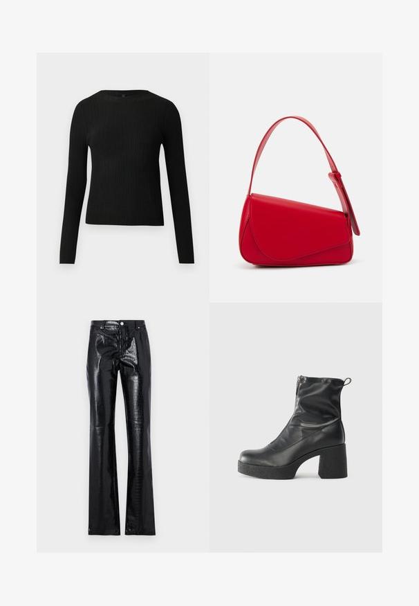 Pulover negru cu mâncă lungă, cu textură ribbed, cu decolteu rotund, expus pe un fundal deschis și simplu.; Pantaloni negri, cu talie înaltă, dintr-un faux leather lucios, având textura de crocodil, croială slim și design cu picior evazat.; Bocanci negri de glezna din piele netedă, cu fermoar lateral, toc texturat și masiv, și design cu vârf rotund.; Geantă de mână din piele roșie, cu un design unghiular și geometric. Dispune de o singură curea ajustabilă și un sistem de închidere cu clapetă, cu detalii cusute.