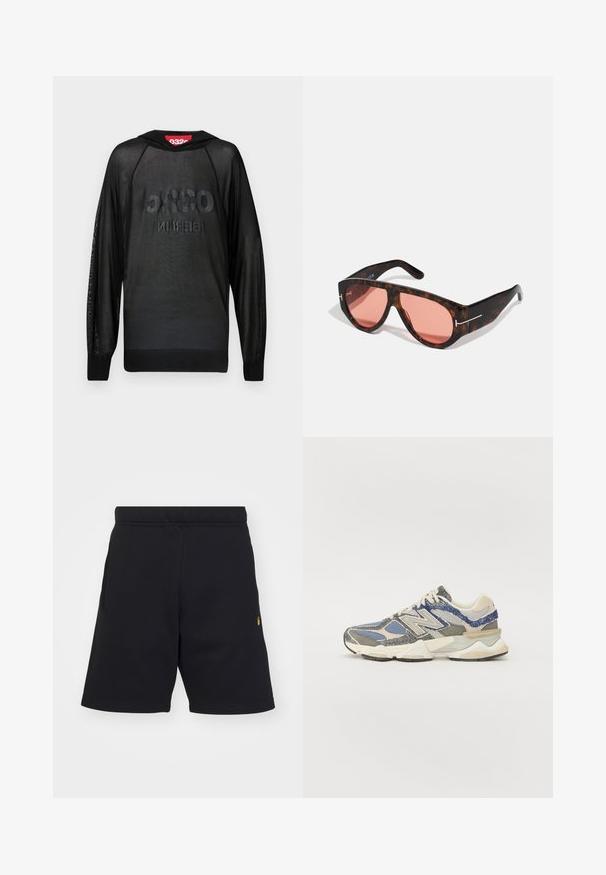 Schwarzer Mesh-Pullover mit Kapuze, mit "032c BERLIN" in einer dunkleren Nuance bedruckt. Lange Ärmel mit strukturierten Details an den Bündchen.; Schwarze Shorts aus weichem Stoff mit einem elastischen Bund, seitlichen Taschen und einem kleinen goldenen Logo-Akzent auf der unteren linken Seite.; Graue und blaue Sneaker mit einem strukturierten Obermaterial, das aus Mesh- und synthetischen Materialien besteht, einer voluminösen Sohle und weißen sowie beigen Akzenten.; Schildpatt-Sonnenbrille mit pinken Gläsern, die ein gewagtes, kantiges Design und dünne silberne Hardware-Akzente an den Rahmen aufweist.