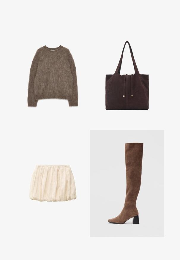 Rjava puhasta pulover, dolgi rokavi, okrogli izrez, oversize kroj, mehka tekstura z dlačnatim videzom, brez vidne opreme ali dodatkov.; Ivory kratka krila iz lahkega, teksturiranega materiala z nabranim dizajnom in elastičnim pasom. Praktična in vsestranska za različne kombinacije oblačil.; Rjave čizme do kolen, izdelane iz mehkega semiša, z ostrim nosom in masivnim črnim peto. Oblikovanje vključuje brezšivno šivanje za eleganten videz.; Mango Torba za nakupovanje - dark brown