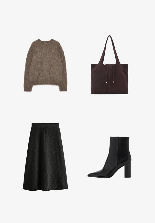 Pull en laine marron, manches longues, col rond, coupe oversized, texture douce avec une apparence shaggy, sans matériel ni accents visibles.; Jupe en tricot noire avec un design évasé, un tissu texturé, longueur mi-mollet et une taille élastique. Pas de poches ni d'embellissements.; Botte chelsea en cuir noir avec un bout pointu, un talon carré, une texture lisse et des détails de couture le long des coutures. Les talons mesurent environ 8,9 cm.; Mango Cabas - dark brown