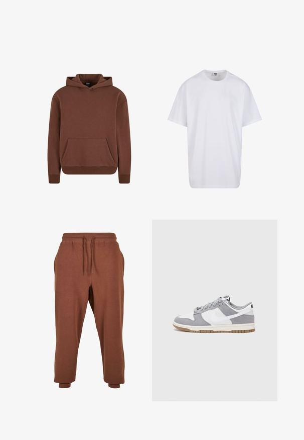 Rudas gobtuvė sukurta iš minkštos medžiagos, turi kengūros kišenę, stačiakampius rankogalius ir laisvą praplatintą siluetą.; Balta medvilninė marškinėlių užsagėlė su trumpomis rankovėmis, apvaliu kaklu, laisva forma ir be matomų logotipų ar raštų. Lygi tekstūra ir minimalus dizainas.; Urban Classics Treningo apatinė dalis - bark; Pilka ir balta sportinė avalynė su zomšiniu ir odiniu viršumi, suapvalintu pirštu, plokščiomis raištelėmis ir guminėmis padais su guminiu akcentu.