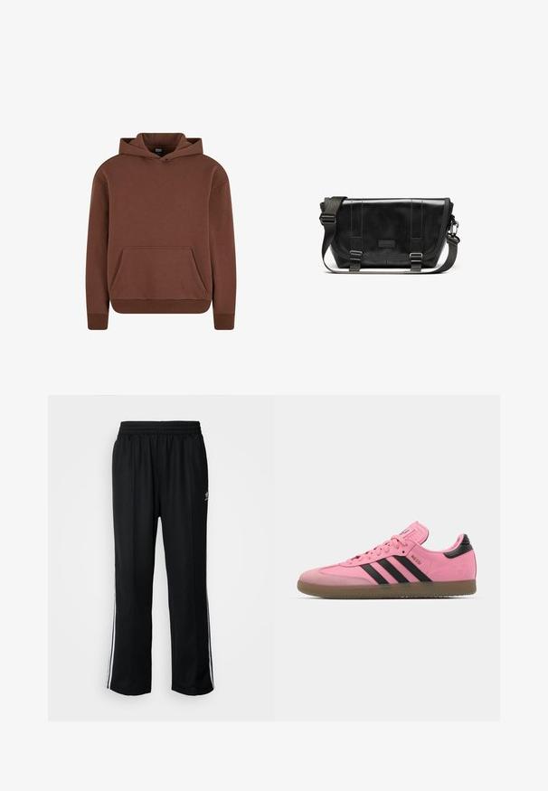 Brązowa, dresowa bluza z kapturem, wykonana z miękkiego materiału, z kieszenią typu kangur, ściągaczami na rękawach i luźnym krojem.; Biała, krótko rękawowa koszulka wykonana z miękkiej bawełny, z okrągłym dekoltem i luźnym krojem oraz prostym dołem. Brak widocznych wzorów lub akcentów.; Czarne sportowe spodnie z elastycznym paskiem w talii, z białymi paskami po bokach i małym logo. Materiał wydaje się miękki i lekki.; Różowe buty sportowe z czarnymi paskami i akcentami. Posiadają teksturowaną cholewkę, okrągły czubek i gumową podeszwę. System sznurowania z wyściełanym językiem.; Czarna torba na ramię wykonana z trwałego materiału, z klapą zamykającą, regulowanym paskiem na ramię i detalem logo z przodu.