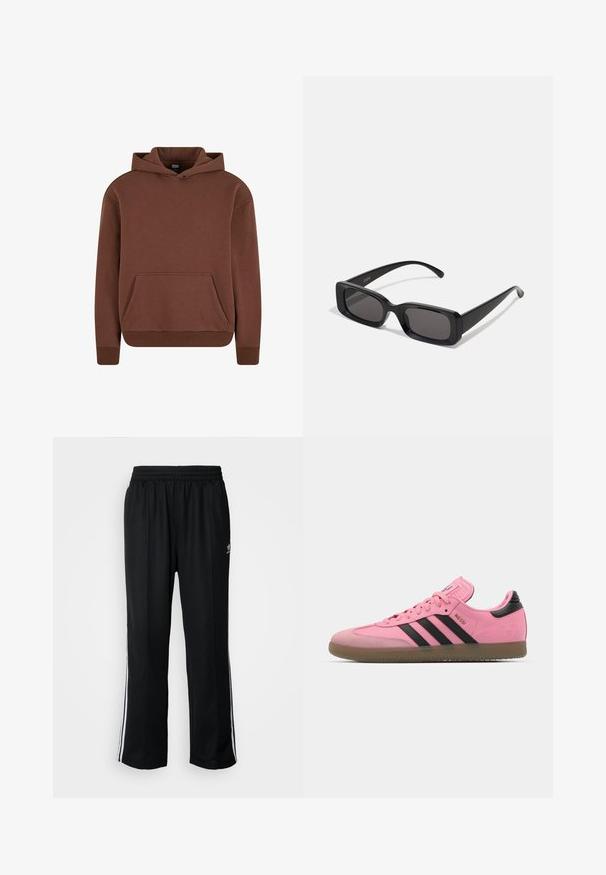Sudadera con capucha marrón, hecha de un tejido suave, que cuenta con un bolsillo tipo canguro, puños acanalados y un diseño de corte relajado.; Camiseta blanca de manga corta hecha de algodón suave, con un cuello redondo y un corte relajado con dobladillo recto. Sin patrones ni acentos visibles.; Pantalones deportivos negros con cintura elástica, que presentan rayas laterales blancas y un pequeño logotipo. El material parece suave y ligero.; Zapatillas deportivas rosas con rayas y acentos negros. Presentan una parte superior texturizada, puntera redonda y suela de goma. Sistema de cordones con lengüeta acolchada.; Gafas de sol rectangulares negras con lentes oscuros, acabado brillante, patillas anchas y un diseño de marco robusto. Nombre de la marca grabado en una de las patillas.; Bolso de mensajero negro hecho de material duradero, con cierre de solapa, correa de hombro ajustable y detalle de logo en la parte frontal.