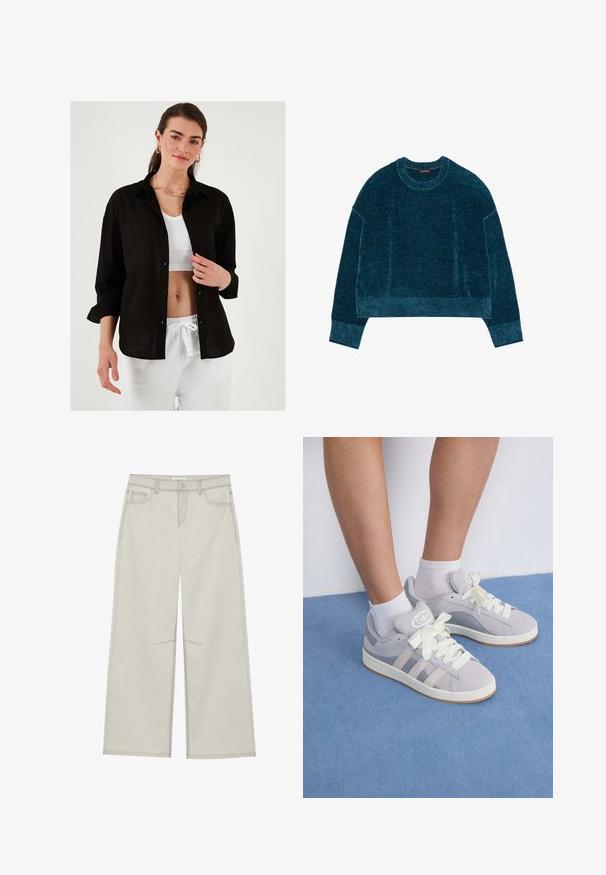 Cropped teal trui met een textuurafwerking, geribbelde ronde hals en lange mouwen. Zachte stof met een ontspannen pasvorm en een effen kleur.; Zwarte linnen shirt met een relaxte pasvorm, knoopsluiting aan de voorkant en opgerolde mouwen, gelaagd over een wit geribd topje. Witte broek met trekkoord.; Lichtgrijze wijde broek met vijf zakken, sluiting met een knoop aan de voorkant en contrasterende stiksels langs de naden. De stof lijkt zacht en duurzaam te zijn.; Grijze suède sneakers met witte veters en rubberen zool, met drie diagonale strepen aan de zijkant en een logo patch op de tong.