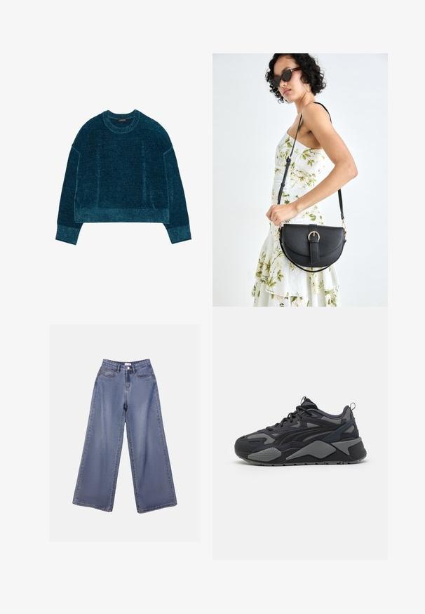 Turkio spalvos trumpas megztinis su tekstūruotu paviršiumi, išklotais apykakle ir ilgomis rankovėmis. Minkšta medžiaga, laisvas siluetas ir vienspalvė.; Plati kojinės džinsai šviesiai mėlynu wash'u, turintys aukštą liemenį, priekiniais kišenėmis ir mygtukų užsegimu su diržo kilpomis.; Juodi sportiniai bateliai su tinklelio ir tekstilės viršumi, pilkiais akcentais, masyviu padu ir išskirtiniais dizaino bruožais.; Juodas odinis krepšys su išlenkta forma, nuimamu dirželiu ir auksiniais detalėmis. Krepšys turi kilpą su sagtimi.