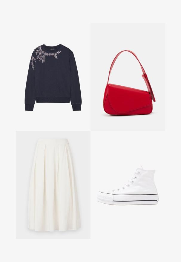 T-paita meriveden värissä, joka on valmistettu puuvillasekoitteesta ja jossa on vasemmalla olkapäällä kimalteleva kukkakuosi strassikivillä. Ribbaatut hihansuut ja helma sekä pyöreä kaula-aukko.; Valkoinen pliseerattu hame, joka on valmistettu puuvillasta. Hameessa on keskipitkä muotoilu, sujuva vyötärö ja A-linjainen siluetti.; Valkoiset korkeavartiset kangaskengät mustalla kumipohjalla, edessä kuminen varvasosa ja kuusi nauha-aukkoa, puhtaan minimalistisella muotoilulla.; Punainen nahkalaukku, jossa on kulmikas, geometrinen muotoilu. Varustettu yhdellä säädettävällä hihnalla ja läpällä, jossa on ommeltu yksityiskohtia.