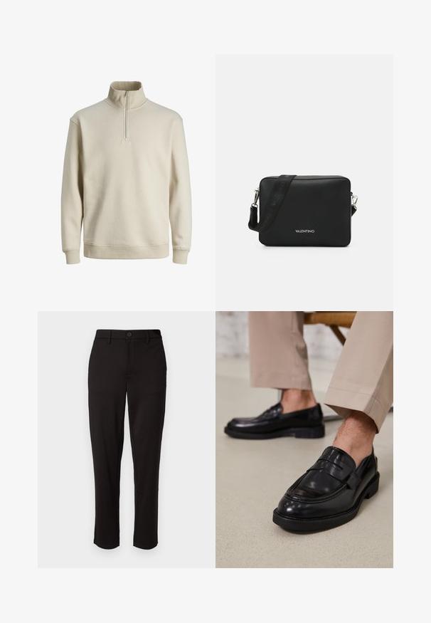 Felpa pullover beige chiaro con zip, colletto alto, polsini e orlo a costine. Tessuto morbido e design casual, senza motivi né accenti.; Pantaloni neri in tessuto leggero, con gamba dritta, chiusura frontale con bottone, passanti per cintura e tasche laterali.; Mocassini in pelle nera con finitura liscia, dotati di una cintura decorativa e cuciture a contrasto, abbinati a pantaloni beige.; Borsa a tracolla rettangolare nera realizzata in materiale testurizzato, dotata di una chiusura in metallo argentato e di una tracolla regolabile con marchio.