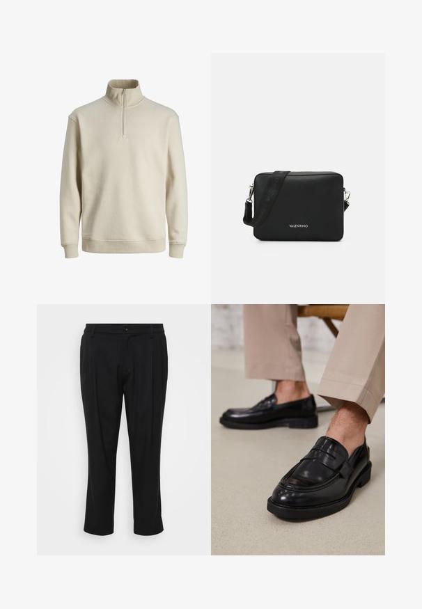 Hele beež, tõmbetõmbega pullover-sweatshirt kõrge kaelusega, ribaga mansetid ja äär. Pehme tekstuur ja juhuslik disain, ilma mustrite või aktsentideta.; Mustalased püksid sirge sääre kujundusega. Valmistatud siledast kangast, millel on nööbiga sulgemine ja kaks eesmist taskut.; Mustad nahast mokassiinid sileda viimistlusega, dekoratiivse rihma ja kontrastõmblustega, koos beežide pükstega.; Mustal ristcrossi kott, mis on valmistatud tekstuuriga materjalist, hõbedaste metallist kinnitustega ja bränditud reguleeritava rihmaga.