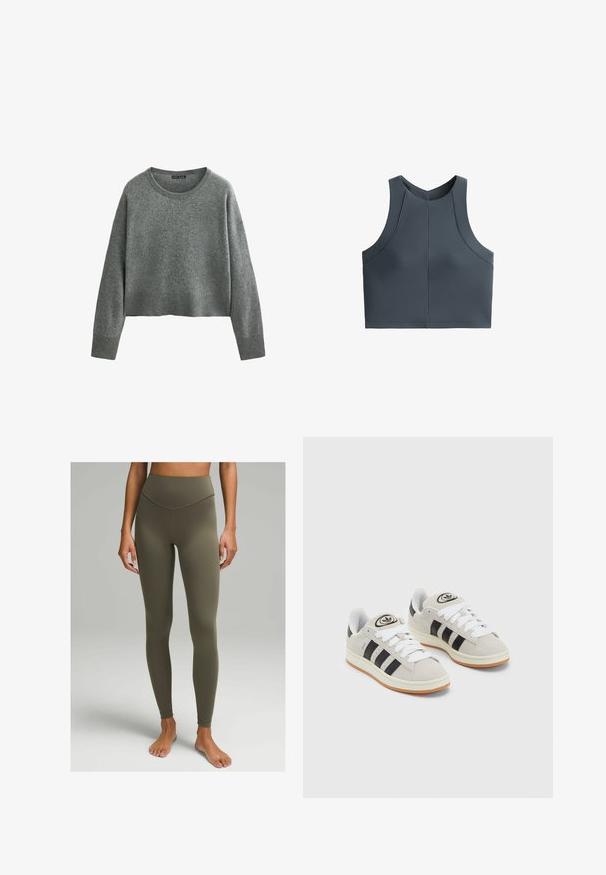 Harmaa, lyhennetty neulepusero, joka on valmistettu pehmeästä neuleesta. Siinä on pyöreä kaula-aukko ja pitkät hihat, joissa on välikappaleet ja helman ribbikuvio. Ei näkyviä kuvioita.; Harmaa lyhyt toppi ribbitekstuuri, hihattomalla suunnittelulla ja pyöreällä kaula-aukolla, jossa on sauman yksityiskohtia rakenteellisen istuvuuden saavuttamiseksi.; Korkeavyötäröiset leggingsit oliivinvihreänä, valmistettu sileästä ja joustavasta kankaasta. Ominaisuuksiin kuuluu tiivis muotoilu, jossa on huomaamaton sauma vyötärön ympäri.; Harmaat mokkasiinikenkä, joissa on valkoiset nauhat, mustat raidat ja valkoinen kumipohja. Kantajassa on pyöreä logo ja vaaleanruskea pohja.