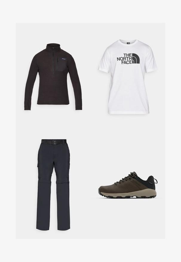 Crni flis pulover s visokim ovratnikom, prednjim zatvaračem do pola i džepom na prsima s patentnim zatvaračem. Ima teksturirani uzorak i duge rukave.; Bjela pamučna majica s crnim grafičkim printom koji uključuje tekst i zakrivljeni dizajn logotipa. Okrugli izrez i kratki rukavi. Jednostavna tekstura.; Cargo hlače od tamne tkanine s remenom, sa džepovima sa strane, ravnim nogavicama i glatkom teksturom.; Smeđe vodootporne tenisice s teksturiranom gornjom i perforiranim detaljima, crnom potporom za petu i sivim gumiranim potplatom. Čipke su stilizirane s metalnim krajevima.