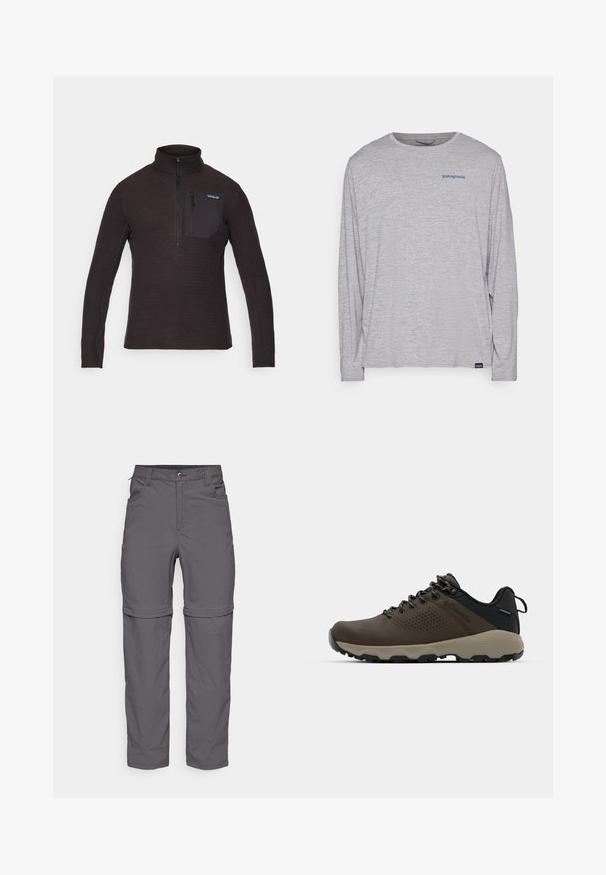 Zwart fleece pullover met hoge kraag, half-rits aan de voorkant en een ritszak op de borst. Bevat een gestructureerd patroon en lange mouwen.; Lichtgrijze longsleeve t-shirt van zacht, textuurstof. Heeft een ronde hals en een klein blauw Patagonia-logo op de borst.; Grijze zip-off broeken met een gladde textuur, voorzien van een knoopsluiting, voorzakken en verstelbare pijpen voor een veelzijdige stijl.; Bruine waterdichte sneakers met een gestructureerde bovenkant, geperforeerde accenten, zwarte hielsteun en een grijze rubberen zool. De veters zijn voorzien van metalen uiteinden.