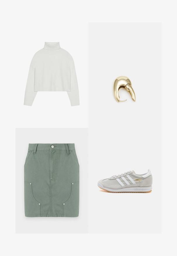 Biely skrátený rolák s rebrovanými manžetami a spodným okrajom. Mäkká textúra, široké rukávy a bezšvový dizajn na chrbte.; Zelená bavlnená sukňa s priliehavým strihom, so prednými vreckami, hladkou štruktúrou a kovovými detailmi na vreckách.; Svetlosivé tenisky vyrobené z kože a sieťoviny, s tromi bielymi pruhmi, okrúhlou špičkou a gumovou podrážkou. Zlatý logový akcent pri šnúrkach.; Náušnice z kovu v zlatej farbe s elegantným, zakriveným dizajnom. Majú charakteristický špicatý tvar, leštený povrch a uzáver na pánt.
