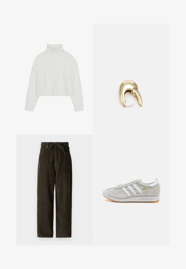 Valkoinen lyhyt turtleneck-neule, jossa on ribbireunat hihoissa ja helmassa. Pehmeä rakenne, leveät hihat ja saumaton muotoilu selässä.; Tummanvihreät corduroy-housut leveillä lahkeilla, naru-nauhalla varustettu vyötärö, kaksi etutaskua ja pehmeä, teksturoitu kangas.; Vaaleanharmaat sneakerit, jotka on valmistettu mokasta ja verkosta, sisältäen kolme valkoista raitaa, pyöreän kärjen ja kumisen pohjan. Kultainen logo yksityiskohta nauhojen läheisyydessä.; Kultahipuinen korvakoru, jossa on sulavalinjainen, kaareva muotoilu. Ominaisuuksiin kuuluu erottuva terävä muoto, kiillotettu pinta ja sarana kiinnitys.
