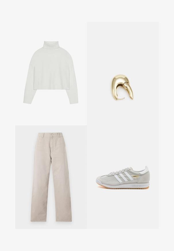 Suéter corto blanco de cuello alto con puños y dobladillo de canalé. Textura suave, mangas anchas y diseño sin costuras en la parte posterior.; Pantalones rectos beige hechos de algodón suave. Cuenta con un cierre de botón, trabillas para el cinturón y bolsillos laterales. Diseño simple y limpio.; Zapatilla de color gris claro hecha de ante y malla, con tres franjas blancas, punta redonda y suela de goma. Acento en logo dorado cerca de los cordones.; Pendiente de metal en tono dorado con un diseño elegante y curvado. Presenta una forma puntiaguda distintiva, superficie pulida y cierre de bisagra.