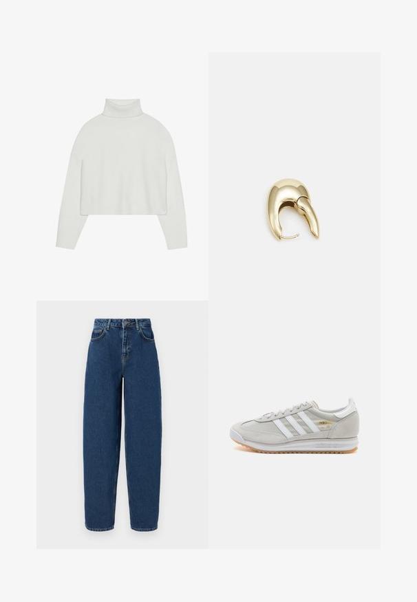 Balta trumpa turtlenecko tipo megztinis su susuktais rankogaliais ir apatiniu kraštu. Švelni tekstūra, plačios rankovės ir be siūlių dizainas gale.; Tamsiai mėlynos džinsinės kelnes su aukštu liemeniu, plačia kojų siluetu, penkių kišenių dizainu ir kontrastingais siuvimo detalais. Klasikinis užtrauktukas ir mygtuko uždarymas.; Šviesiai pilki sportbačiai, pagaminti iš zomšos ir tinklinės medžiagos, su trimis baltais dryžiais, apvaliu pirštu ir guma padu. Auksinė logotipo detalė šalia raištelių.; Aukso tono metalinės auskarai su stilingu, kreiviu dizainu. Išsiskiria ryškiu smailiu pavidalu, poliruota paviršiumi ir užsegimu su vyriu.