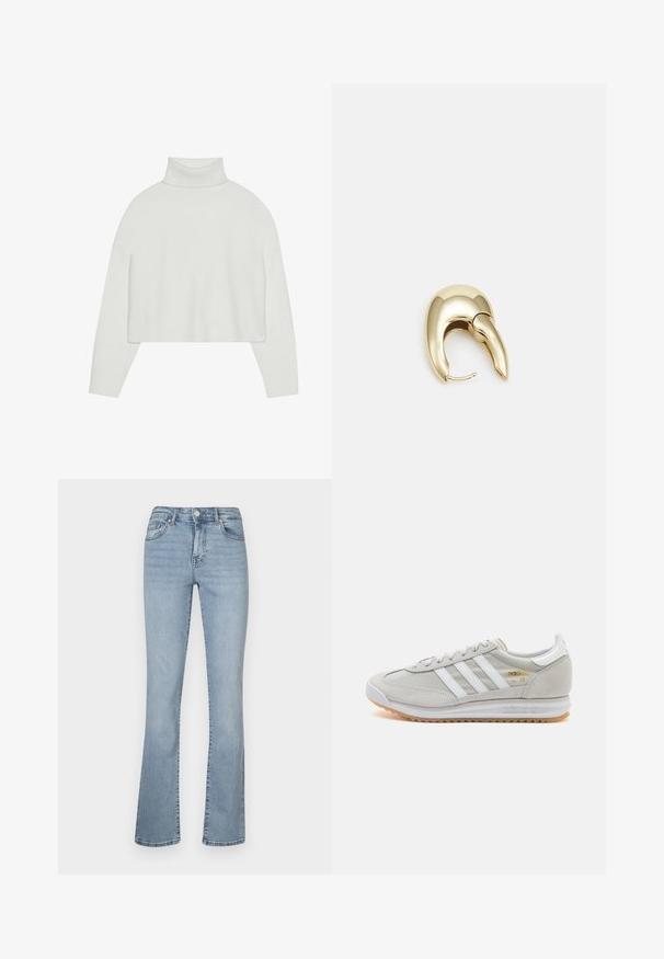 Valge lühendatud kõrge kaelaga sviiter ribatud varruka- ja alläärtega. Pehme tekstuur, laiad varrukad ja õmblusteta disain taga.; Heledsinine teksapüksid, flöödid, kõrge vöökoht, lukuga ja nööbiga sulgemine, viis taskut ning kerge pleekimine jalgadel.; Heled hallid tossud, mis on valmistatud nubukist ja võrgust, millel on kolm valget triipu, ümmargune varvas ja kummist tald. Kuldne logoelement paelte lähedal.; Kuldtooni metallist kõrvarõngas, millel on elegantne ja kaarjas disain. Omab silmapaistvat teravat kuju, poleeritud pinda ja hingesulgemist.