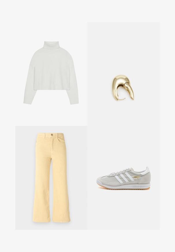 Valkoinen lyhyt turtleneck-neule, jossa on ribbireunat hihoissa ja helmassa. Pehmeä rakenne, leveät hihat ja saumaton muotoilu selässä.; Keltaiset ribbikudokset flare-housut, joissa on viisi taskua ja edessä nappikiinnitys.; Vaaleanharmaat sneakerit, jotka on valmistettu mokasta ja verkosta, sisältäen kolme valkoista raitaa, pyöreän kärjen ja kumisen pohjan. Kultainen logo yksityiskohta nauhojen läheisyydessä.; Kultahipuinen korvakoru, jossa on sulavalinjainen, kaareva muotoilu. Ominaisuuksiin kuuluu erottuva terävä muoto, kiillotettu pinta ja sarana kiinnitys.