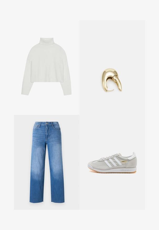 Bijela skraćena turtleneck pulover s rebrastim manžetama i rubom. Mekana tekstura, široke rukave i bešavni dizajn na leđima.; Svijetloplave traperice širokog kroja, s pet džepova, rajsferšlusom i suptilnim izblijedjenjem na bedrima. Dovršeni rubovi.; Svijetlosivi tenisice od antilopa i mrežice, s tri bijele pruge, okruglim vrhom i gumenom potplatom. Zlatni logo akcent blizu vezica.; Zlatne metalne naušnice s elegantnim, zakrivljenim dizajnom. Imaju karakterističan šiljast oblik, poliranu površinu i zatvaranje na šarku.