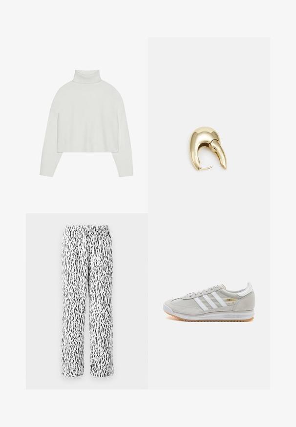 Maglione bianco a collo alto corto con polsini e orlo a costine. Tessuto morbido, maniche ampie e design senza cuciture sul retro.; Pantaloni a righe bianchi e neri con vita elastica e cordoncino, caratterizzati da un design loose fit e gamba dritta, realizzati in un tessuto morbido.; Sneaker grigio chiaro realizzato in suede e rete, con tre strisce bianche, punta arrotondata e suola in gomma color caramello. Accento del logo dorato vicino ai lacci.; Orecchino in metallo color oro con un design elegante e curvo. Presenta una forma appuntita distintiva, superficie lucida e chiusura a cerniera.