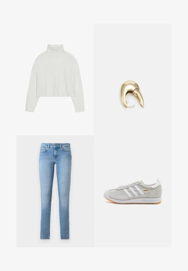 Bijela skraćena turtleneck pulover s rebrastim manžetama i rubom. Mekana tekstura, široke rukave i bešavni dizajn na leđima.; Svijetloplave traperice sa ravnim krojem, pet džepova i kopčanjem sprijeda. Glatka tekstura s izblijedjelim završetkom.; Svijetlosivi tenisice od antilopa i mrežice, s tri bijele pruge, okruglim vrhom i gumenom potplatom. Zlatni logo akcent blizu vezica.; Zlatne metalne naušnice s elegantnim, zakrivljenim dizajnom. Imaju karakterističan šiljast oblik, poliranu površinu i zatvaranje na šarku.
