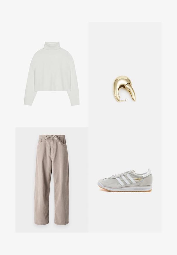 White cropped turtleneck sweater with ribbed cuffs and hem. Soft texture, wide sleeves, and seamless design on the back.; Beige corduroy trousers with a loose fit, featuring a drawstring waist, two front pockets, and vertical ribbed texture.; Light grey sneaker made of suede and mesh, featuring three white stripes, round toe, and a gum rubber sole. Gold logo accent near laces.; Gold-tone metal earring with a sleek, curved design. Features a distinctive pointed shape, polished surface, and hinge closure.