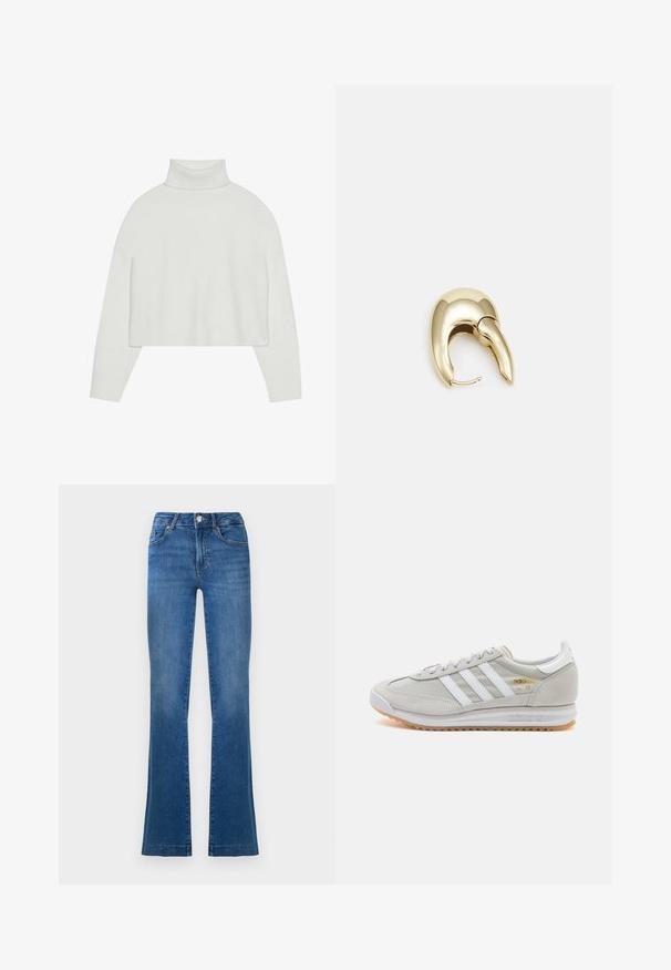 Maglione bianco a collo alto corto con polsini e orlo a costine. Tessuto morbido, maniche ampie e design senza cuciture sul retro.; Jeans a zampa blu in denim, con un classico design a cinque tasche, chiusura frontale con bottone e aree leggermente sbiadite sulle cosce.; Sneaker grigio chiaro realizzato in suede e rete, con tre strisce bianche, punta arrotondata e suola in gomma color caramello. Accento del logo dorato vicino ai lacci.; Orecchino in metallo color oro con un design elegante e curvo. Presenta una forma appuntita distintiva, superficie lucida e chiusura a cerniera.