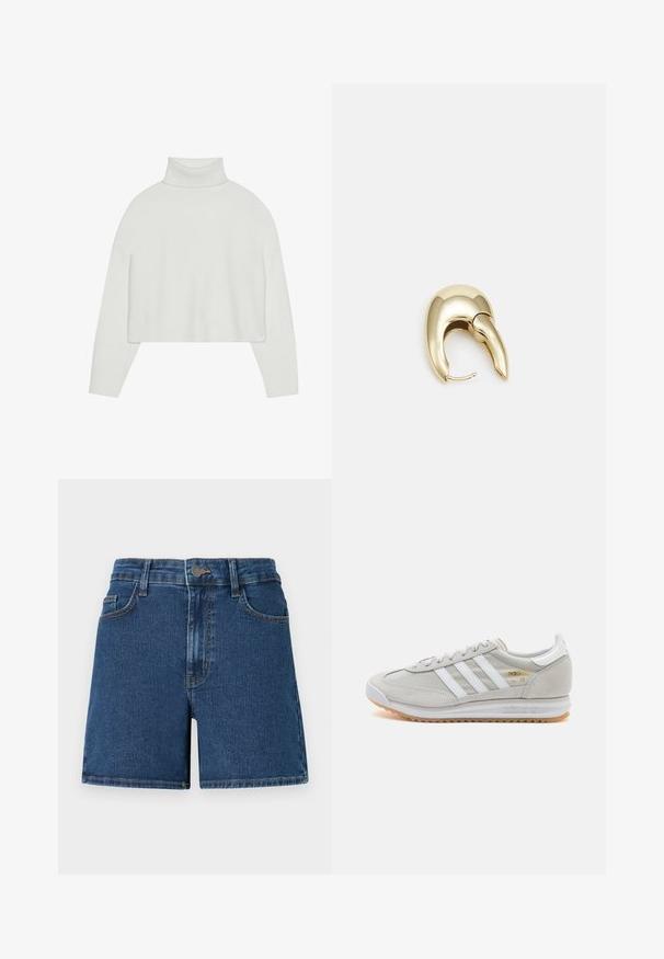 Bela skrajšana turtleneck pulover s reberčastimi manšetami in robom. Mehak material, široki rokavi in brezšivna zasnova na hrbtu.; Jeans kratke hlače v temno modri barvi z visokim pasom, sprednjimi žepi in zadrgo. Imajo kontrastne šive in raven kroj na robu.; Svetlo sivi tenisice od antilopa i mrežaste tkanine, s tri bijele pruge, okruglim vrhom i gumenim potplatom. Zlatni logo akcent blizu vezica.; Uhane nakit iz zlatastega tona z gladko, ukrivljeno zasnovo. Ima edinstveno koničasto obliko, polirano površino in zaponko s tečajem.